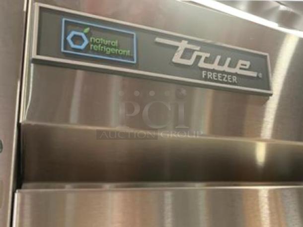 True T-35F-HC Double Solid Door Reach-In Freezer, superb condition, natural refrigerant label, stainless steel finish.