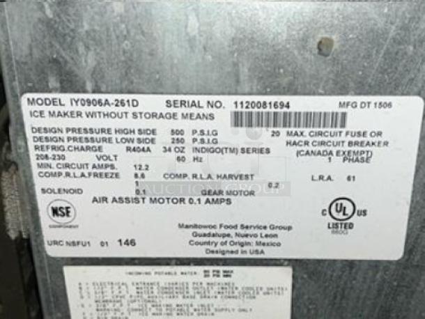 Label on Manitowoc Ice Machine, Model IY0906A-261D, showing specifications: 208/230V, Indigo NXT Series, fully tested.