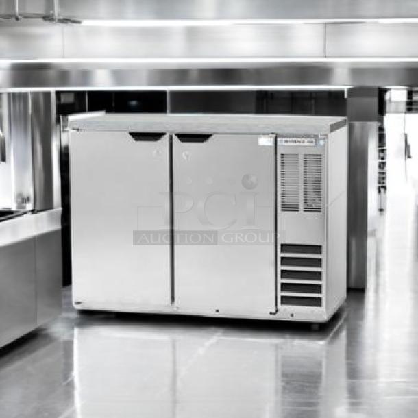 Brand new Beverage-Air BB48HC-1-F-S-27 stainless steel back bar refrigerator. Sealed in box, 115V, two-door model.