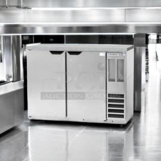 Brand new Beverage-Air BB48HC-1-F-S-27 stainless steel back bar refrigerator. Sealed in box, 115V, two-door model.