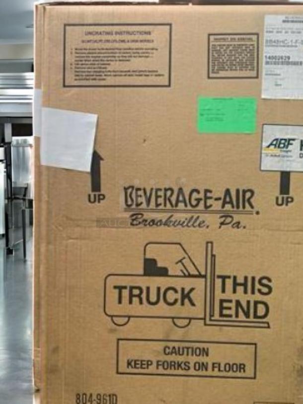 Factory-sealed Beverage-Air BB48HC-1-F-S-27 2-door stainless steel back bar refrigerator in original box, 115V.