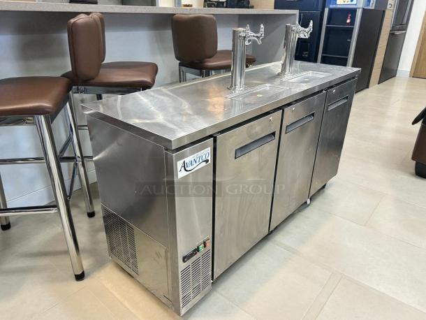 Avantco UDD-72-HC-S kegerator beer dispenser with two double taps, stainless steel, holds three 1/2 kegs, tested and working.