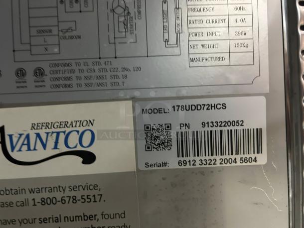 Avantco UDD-72-HC-S kegerator label, model 178UDD72HCS, serial #691233220045604, includes specs and certification details.