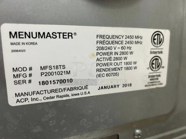 Menumaster MFS18TS microwave label, 1800W, commercial use, tested, made January 2018. Made in Korea, ETL certified.