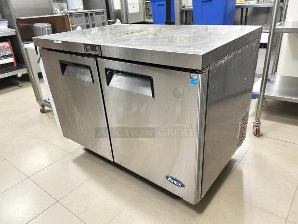 Atosa MGF8402GR 48″ undercounter refrigerator, stainless steel, tested and working, dual doors, energy-efficient label.