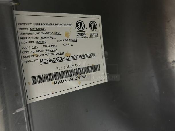 Atosa MGF8402GR 48″ Undercounter Refrigerator label showing specs: 115V, R290 refrigerant, tested and working condition.