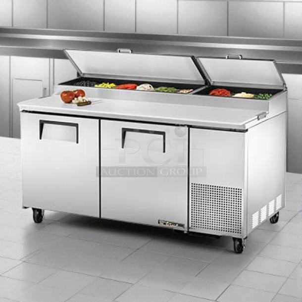 True TPP-AT-67-HC 67" refrigerated pizza prep table, stainless steel, two doors, tested and working condition.