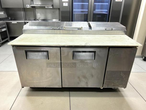 True TPP-AT-67-HC refrigerated pizza prep table, 67 3/8", two doors, excellent condition, stainless steel, tested.