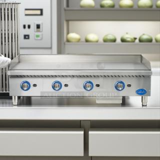Globe GG48G 48" gas griddle in excellent condition, features manual controls, 1" steel plate, convertible setup; tested working.