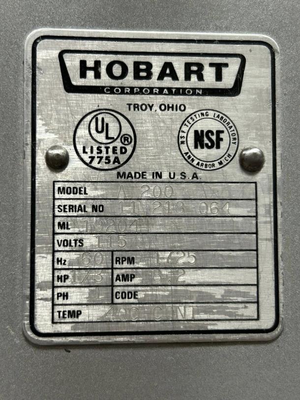 Hobart A200 20 QT Dough Mixer, 115V, single phase, great condition. Features UL and NSF certifications, serial 11-218-064.