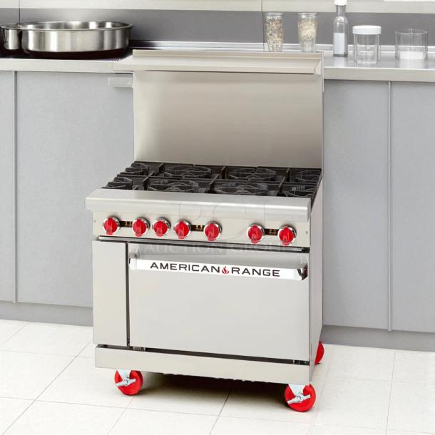 American Range AR-6 36" commercial gas range with 6 burners, tested and working. Features red knobs and standard oven.