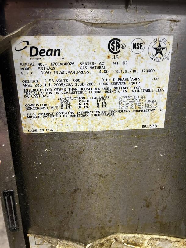 Dean SR152G Gas Fryer tag showing model, B.T.U., and certifications for a floor model natural gas fryer.