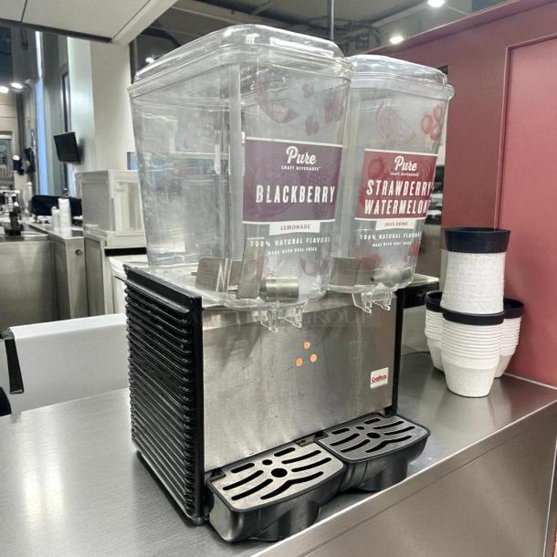 Crathco D25-4 refrigerated drink dispenser, two 5-gal bowls, pre-mix, 115v, stainless steel, tested and working, great condition.
