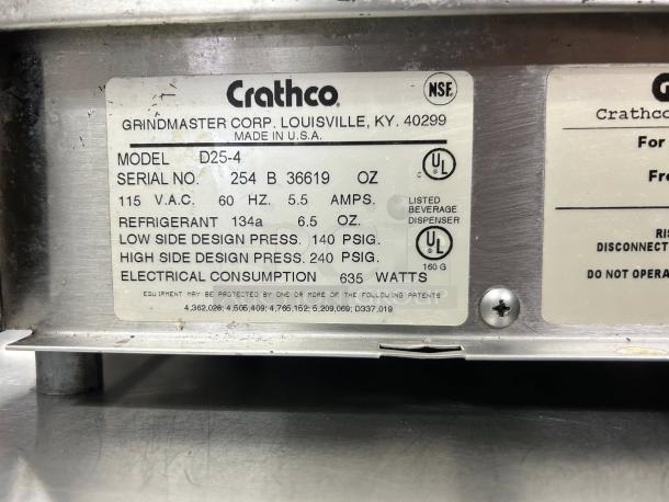Crathco D25-4 refrigerated drink dispenser label showing model, serial number, voltage, refrigerant type, and safety certifications.