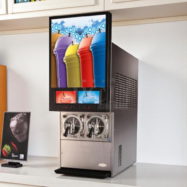 CORNELIUS VIPER 2, 2-flavor ICEE drink machine, stainless steel, high-capacity, 230v, tested and working, Cherry and Blue Raspberry labels.