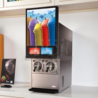 CORNELIUS VIPER 2, 2-flavor ICEE drink machine, stainless steel, high-capacity, 230v, tested and working, Cherry and Blue Raspberry labels.