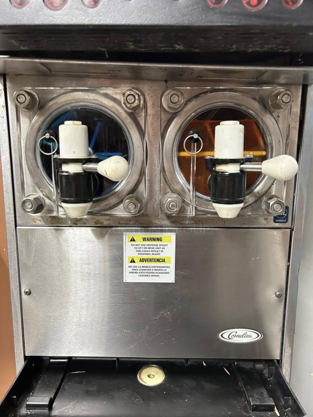 CORNELIUS VIPER 2 ICEE machine with dual dispensers, stainless steel finish, tested and working. Warning labels visible.