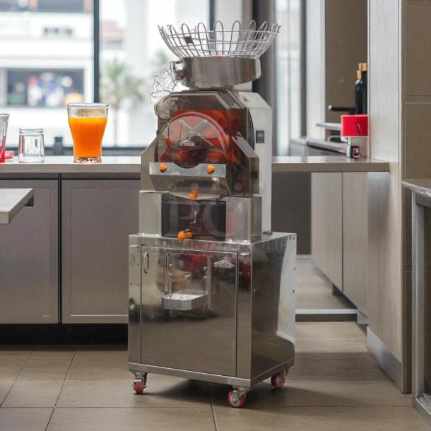 Citrocasa 8000SB automatic orange juicer, stainless steel, tested and working, "AS IS" condition, on red wheels.