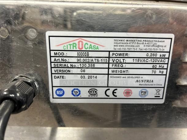 Citrocasa 8000SB Automatic Orange Juicer, Model 8000SB, tested and working, 115V, manufactured in 03/2014, 0.280 kW power.