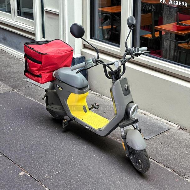 Segway C80 e-Moped Scooter, gray and yellow, with a rear red carrier bag. Tested and working condition.
