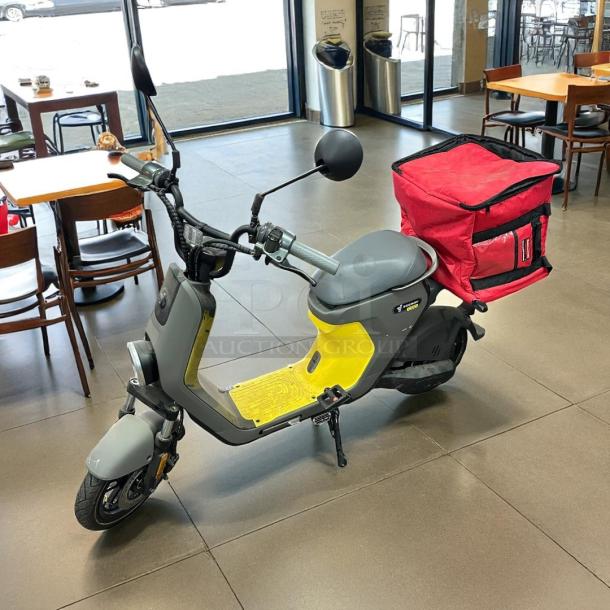 Segway C80 e-Moped Scooter, gray with yellow accents, includes rear red delivery pack, tested and working condition.