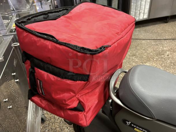 Segway C80 e-Moped Scooter in good condition with grey seat and red cargo bag attached. Model label visible.