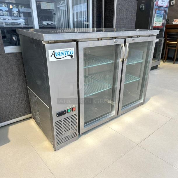 Avantco UBB-48G-HC-S 48" stainless steel back bar refrigerator with glass doors, LED lighting, and visible control panel.
