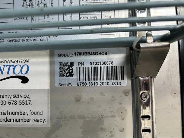 Avantco UBB-48G-HC-S bar refrigerator tag with model and serial number, showcasing its tested and working condition.