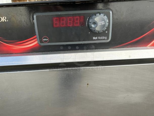 Cres Cor H-137-SUA-5D mobile heated cabinet, excellent condition, labeled Hot Holding, digital display, 5-pan capacity.