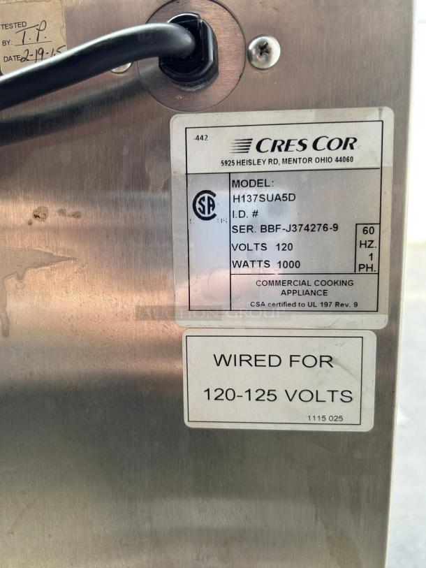Cres Cor H-137-SUA-5D heated cabinet, excellent condition, 5 pan capacity, 120v, tested and working, model label visible.