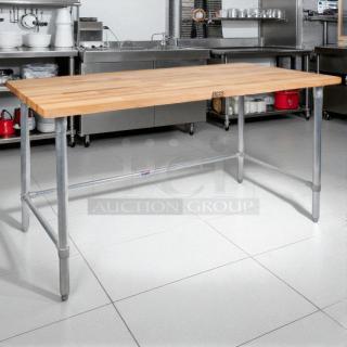 John Boos & Co. HNB17 wood top work table, 36" x 96", galvanized base, excellent condition, industrial kitchen setting.