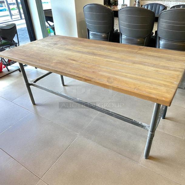 John Boos & Co. HNB17 wood top work table, 36" x 96", with galvanized base in great condition, ideal for heavy-duty use.