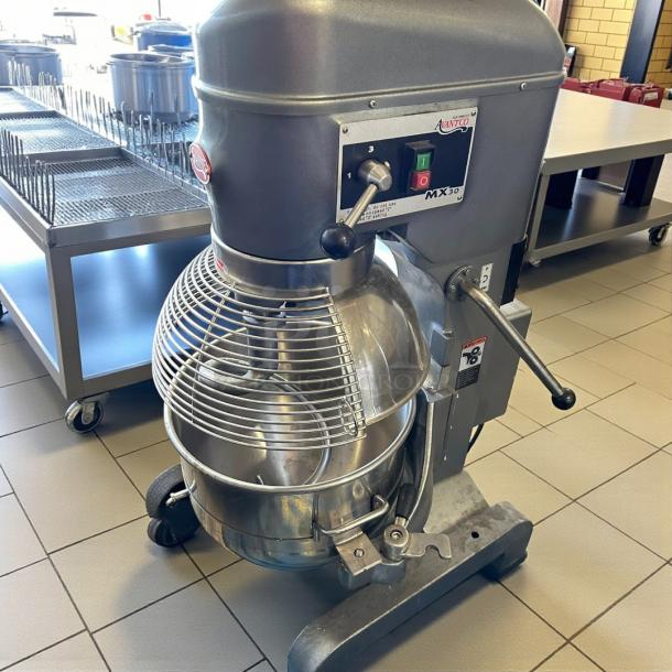Avantco MX30 30 Qt. planetary floor mixer, excellent condition, includes guard and accessories, tested, 120V, 1 3/4 hp.