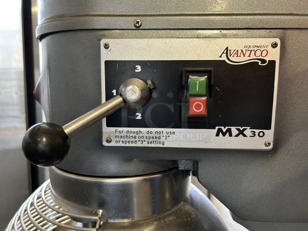 Avantco MX30 planetary mixer, 30 qt., 120V, with guard and controls visible, tested and working condition.