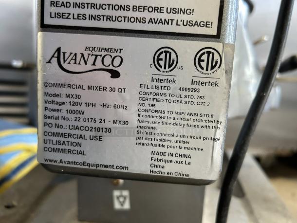 Avantco MX30 30 Qt. Planetary Floor Mixer label showing model, voltage, power, and ETL certification details.