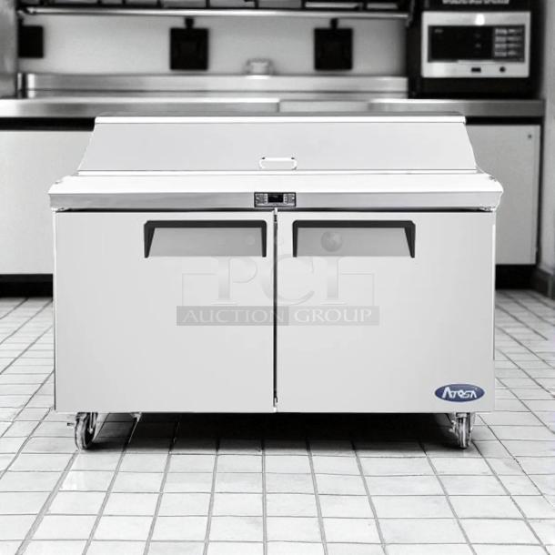 Atosa MSF8302GR 48" refrigerated sandwich prep table, 2-section, tested, working condition, stainless steel, branded logo.