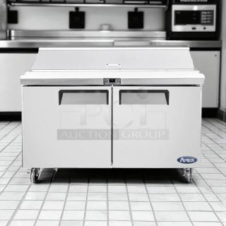 Atosa MSF8302GR 48" refrigerated sandwich prep table, 2-section, tested, working condition, stainless steel, branded logo.
