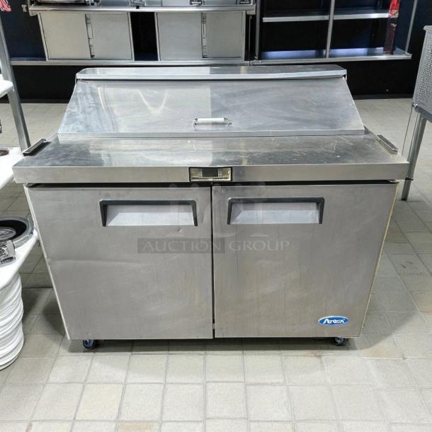 Atosa MSF8302GR 48" refrigerated sandwich prep table, stainless steel, two-section, tested and working, Atosa logo visible.