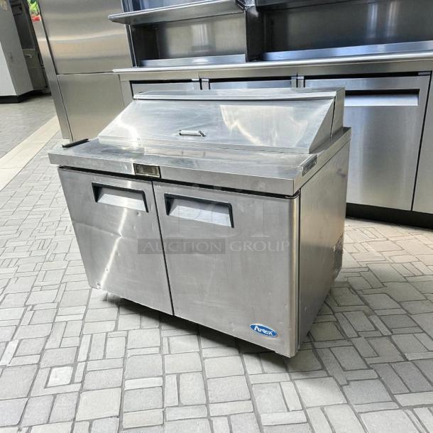 Atosa MSF8302GR 48" refrigerated sandwich prep table, stainless steel, dual-section, tested and working, logo visible.