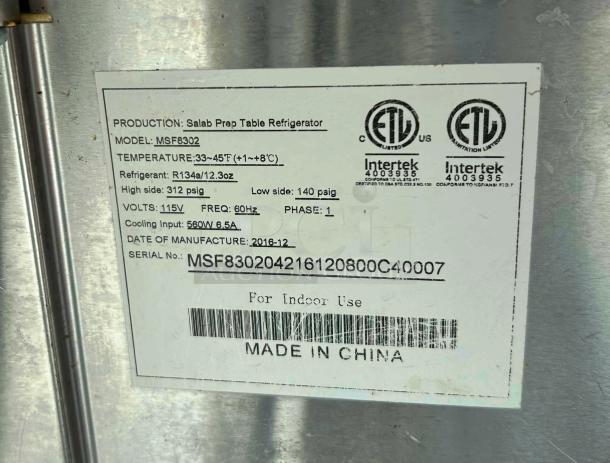 Atosa MSF8302GR 48" Sandwich Prep Table, model label showing specs and certifications, tested and working.