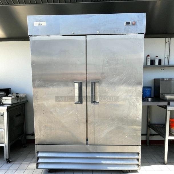 Cooler Depot XB54F-HC 48-cu ft stainless steel commercial refrigerator, 2-door, tested and working, clean, minor surface marks.
