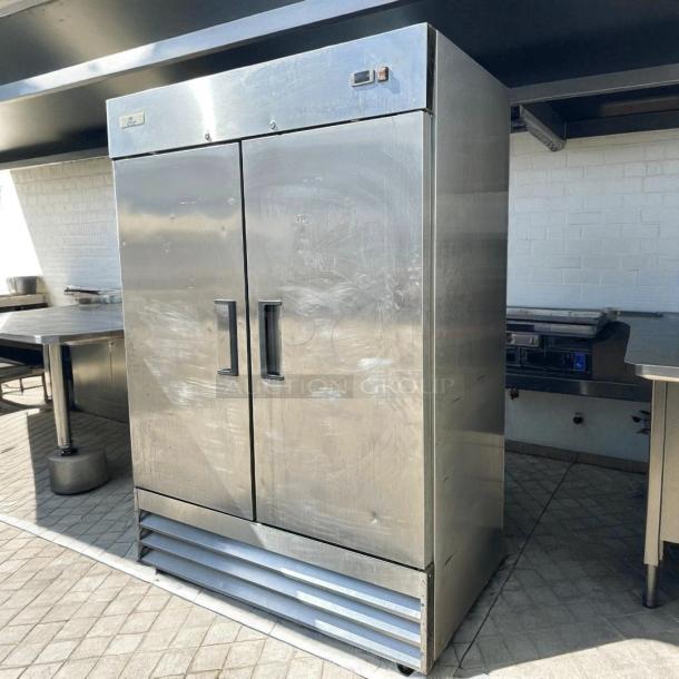 Cooler Depot model XB54F-HC, 48-cu ft commercial refrigerator with stainless steel finish, dual doors, tested and working.