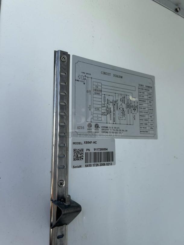 Cooler Depot refrigerator model XB54F-HC circuit diagram and label showing PN 9117260004 and serial 6410 1726 2006 0213.
