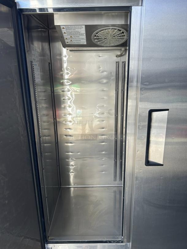 Turbo Air M3H47-2 heated cabinet, stainless steel, excellent condition, 10-pan capacity, visible fan and shelving guides.