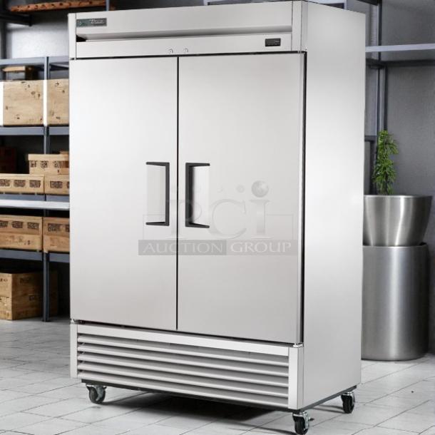 True T-49-HC Reach-In Refrigerator, solid swing doors, tested working condition, stainless steel exterior on casters.