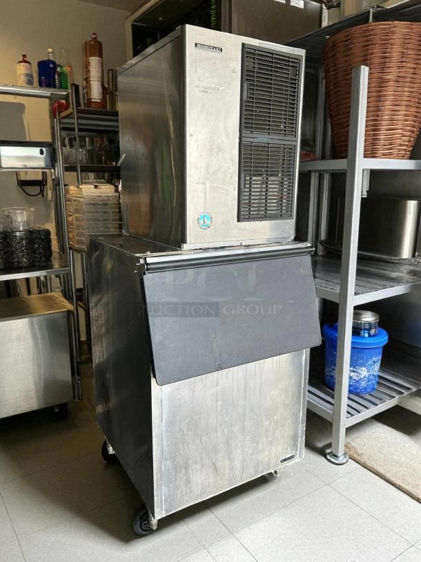 Hoshizaki KM-515MAH Crescent Cuber Icemaker, air-cooled, 115v, tested and working, stainless steel, industrial kitchen setting.