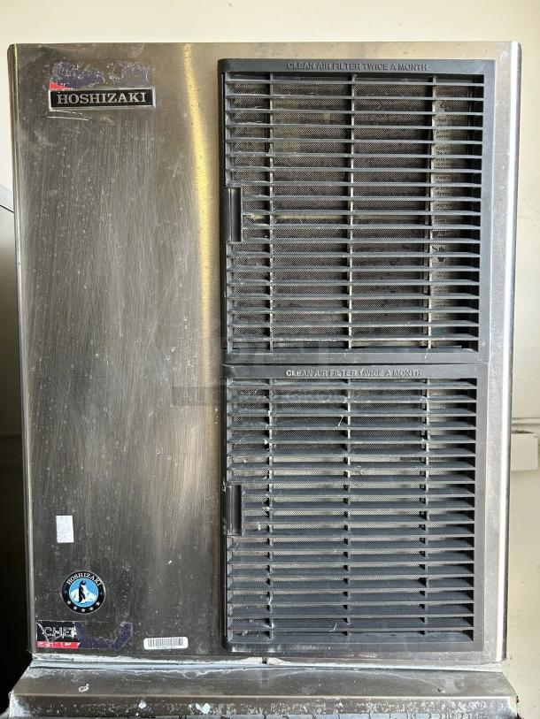 Hoshizaki KM-350MAJ 22" air cooled modular ice machine, 115V, 489 lb capacity. Tested, working. Visible labels and instructions.