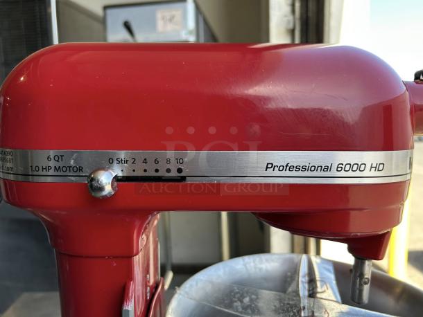 KitchenAid Professional 6000 HD stand mixer, 6 quart, red finish, 1.0 HP motor, tested, working condition, visible model labeling.