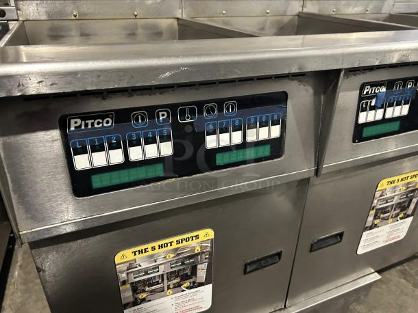 Pitco SSH75 gas fryer, 75 lb vat, floor model, natural gas, tested and working. Control panel and warning labels visible.