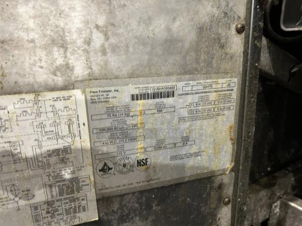 Pitco SSH75 gas fryer label showing model, capacity, and specifications; tested, working condition; NSF certified.